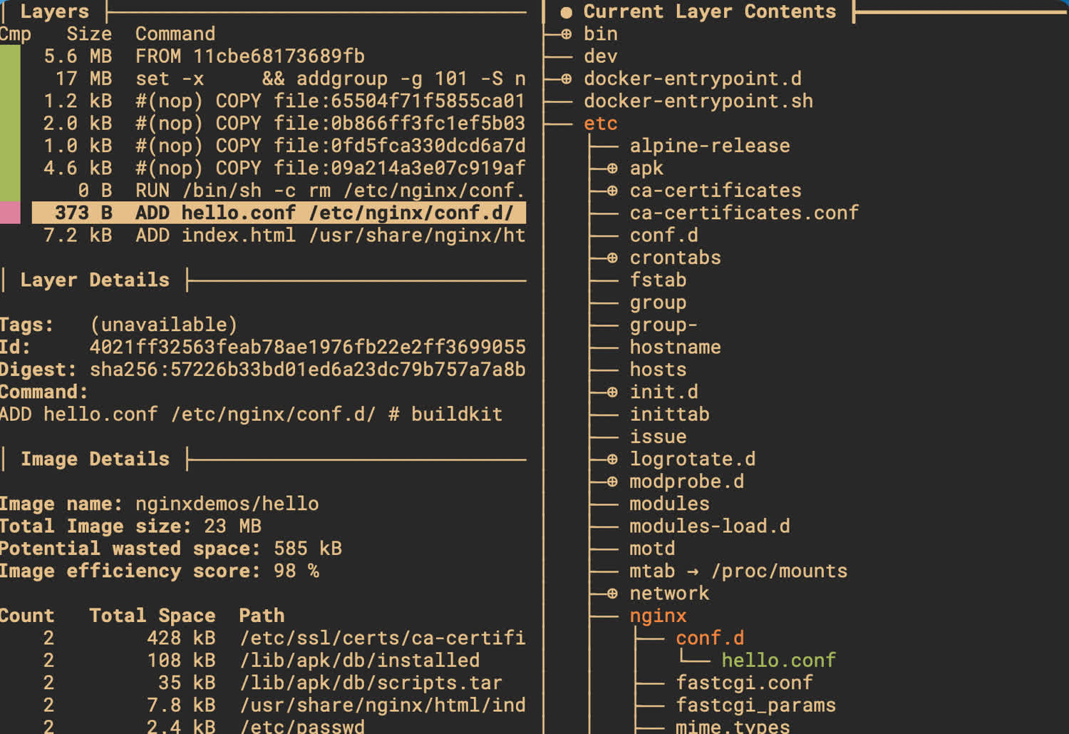 Dive image analyzer layers